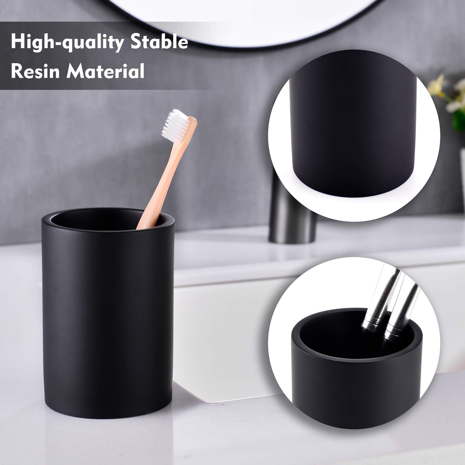 Jincrop Matte Black Bathroom Cup Resin Matte Black Tumbler Cup Round Bathroom Cylinder Makeup Brushes Cup Toothpaste Pens Holder